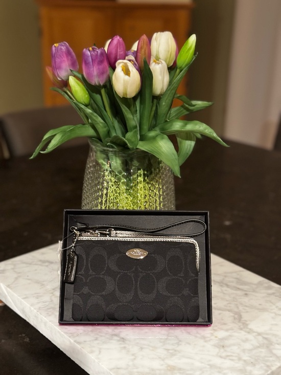 Coach Handbags - Coach Black Silver Signature Jacquard Corner Zip Wristlet